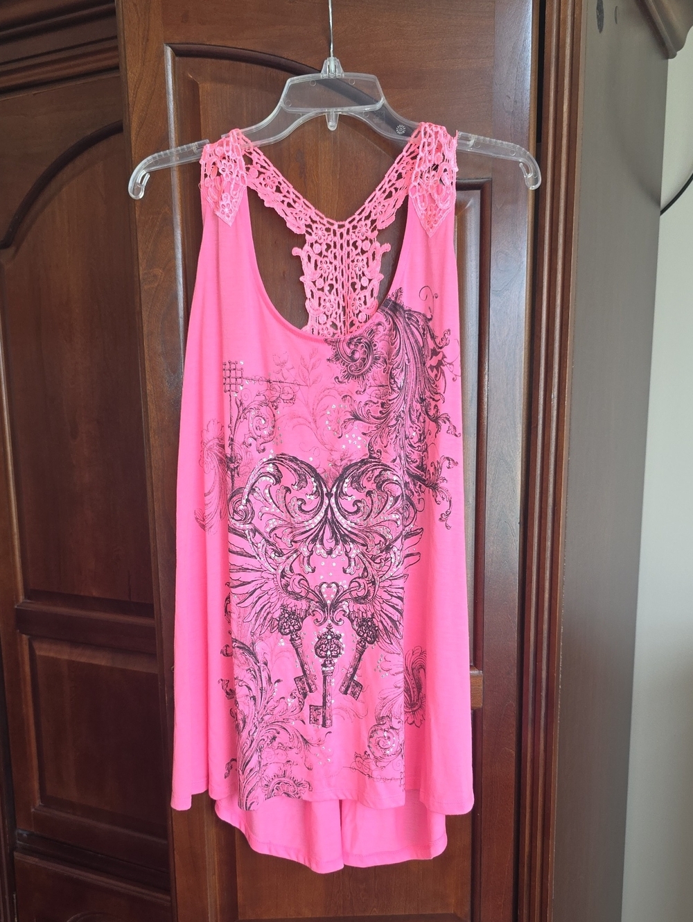 Hybrid Crochet Back Tank with Black Filigree Print